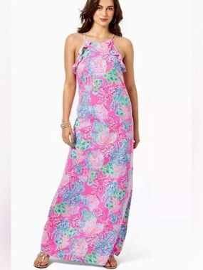 Lilly Pulitzer Pink Multicolor Print Halter Maxi Dress